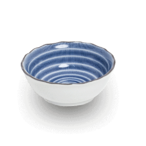 Miska se zvlněným okrajem – Bílá miska s modrými proužky