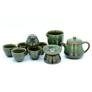 Zelený čajový set – Konvička s miskami, sítkem a džbánkem