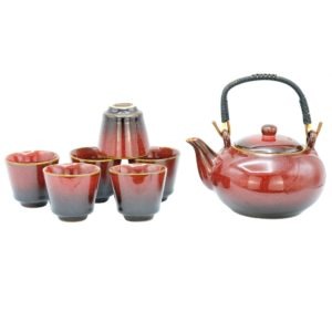 Tmavě červený čajový set – Konvička s miskami v dárkovém balení