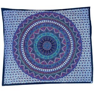 Orientální textilní přehoz velký – Bohatě zdobená modrá mandala květiny
