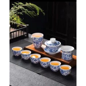 Porcelánový set modrobílý – Zhong se sítkem, džbánkem a šálky